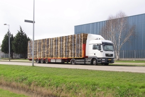 Eigen pallettransport. Open vrachtwagen met pallets.